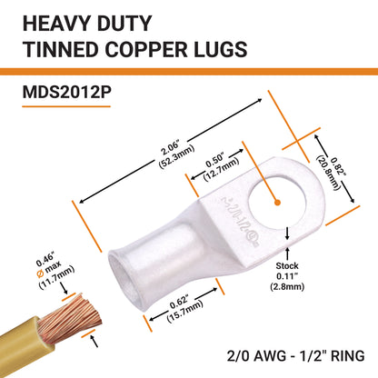 2/0 AWG (00 Gauge) 1/2" Stud, Tinned Copper Battery Cable Ends, Wire Lugs, Marine Grade, MD2012P
