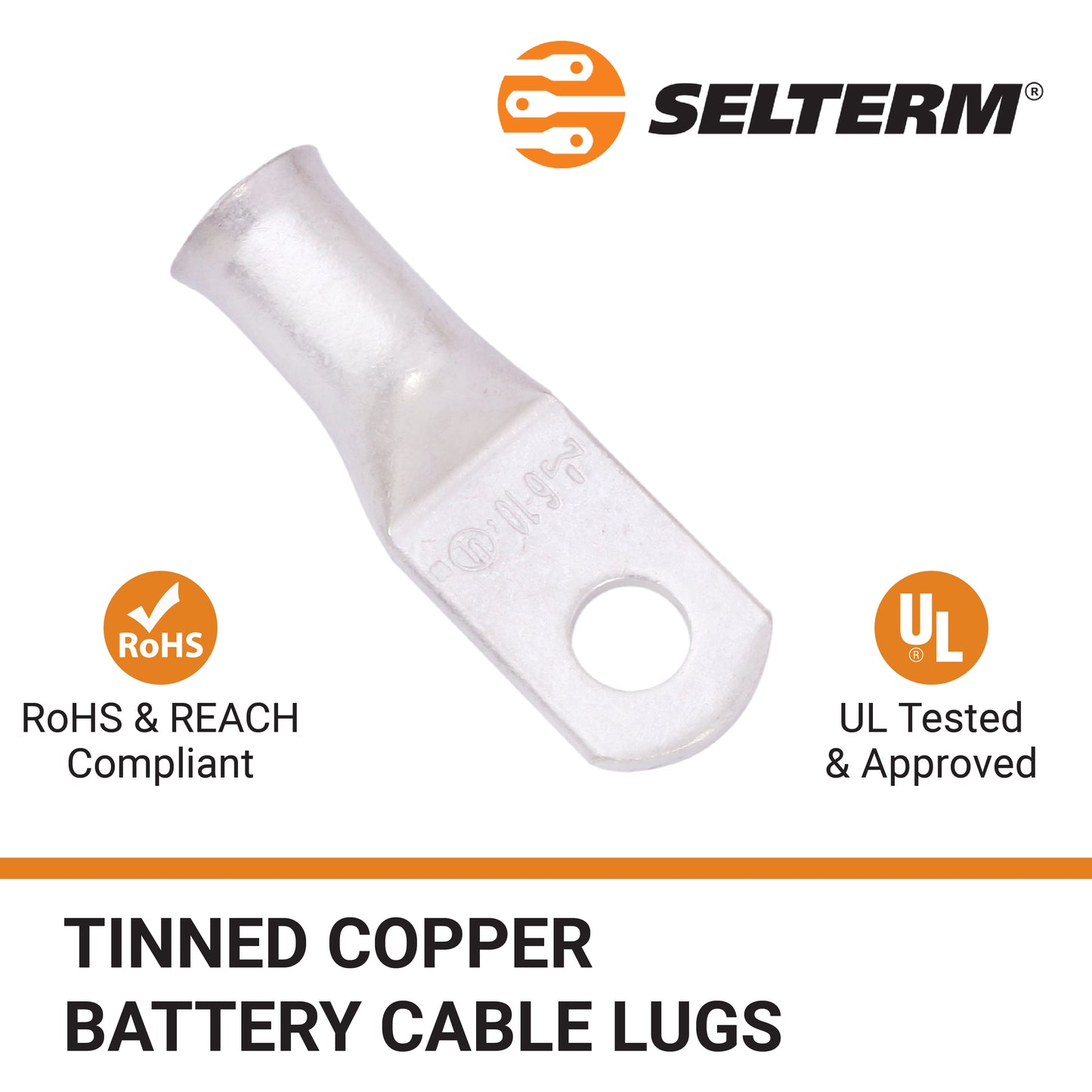 6 AWG (6 Gauge) #10 Stud, Tinned Copper Battery Cable Ends, Wire Lugs, Marine Grade, MD0610P