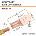 2/0 AWG, 1/4" Stud, Bare Copper Battery Cable Ends, Wire Lugs, Heavy Duty, MD2014U - 2