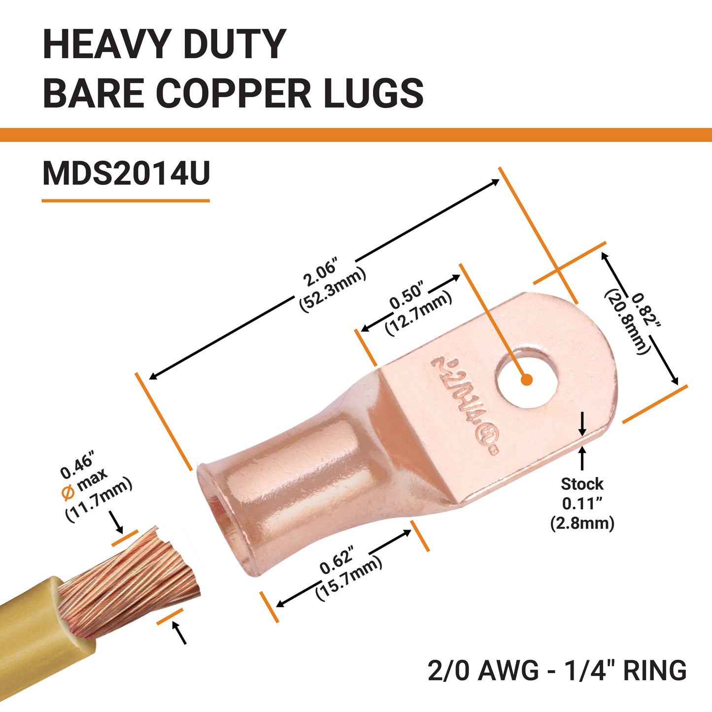 2/0 AWG (00 Gauge) 1/4" Stud, Bare Copper Battery Cable Ends, Wire Lugs, Heavy Duty, MD2014U