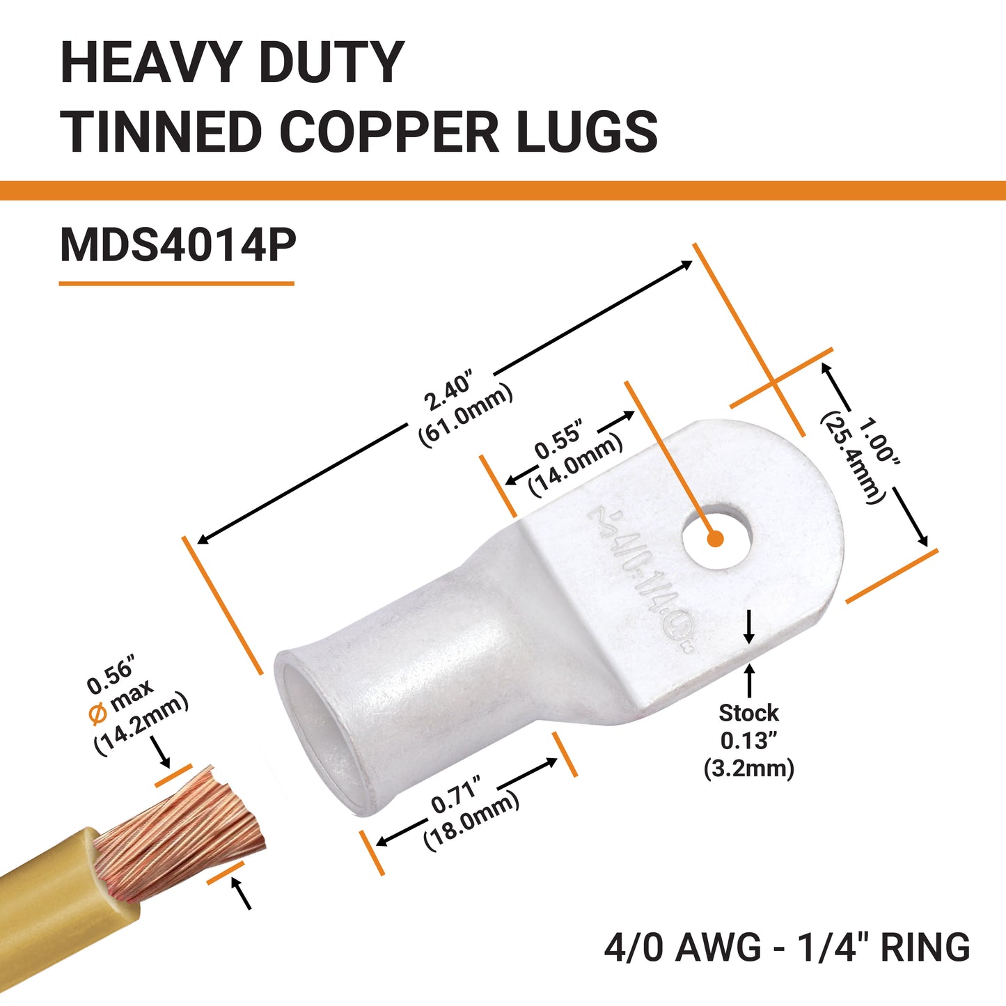 4/0 AWG (0000 Gauge) 1/4" Stud, Tinned Copper Battery Cable Ends, Wire Lugs, Marine Grade, MD4014P