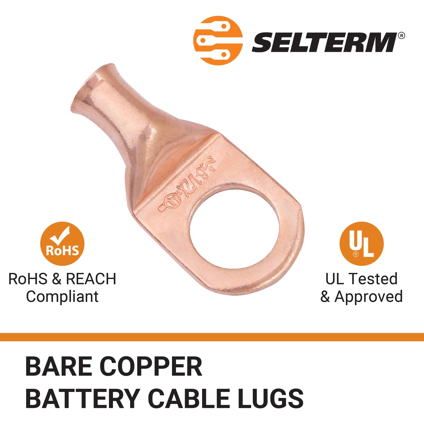 6 AWG (6 Gauge) 1/2" Stud, Bare Copper Battery Cable Ends, Wire Lugs, Heavy Duty, MD0612UX