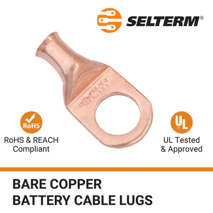 6 AWG (6 Gauge) 1/2" Stud, Bare Copper Battery Cable Ends, Wire Lugs, Heavy Duty, MD0612UX