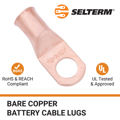 2/0 AWG (00 Gauge) 1/2" Stud, Bare Copper Battery Cable Ends, Wire Lugs, Heavy Duty, MD2012U
