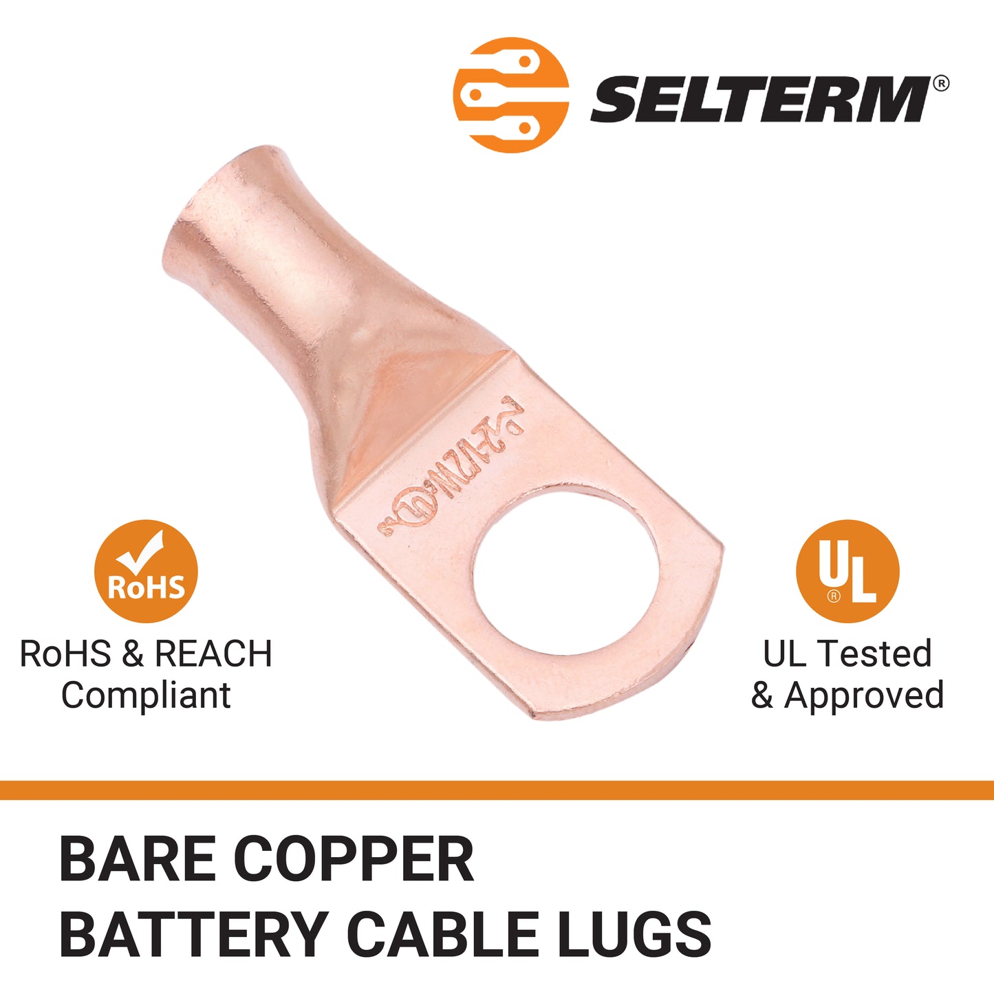 2 AWG (2 Gauge) 1/2" Stud, Bare Copper Battery Cable Ends, Wire Lugs, Heavy Duty, MD0212UW