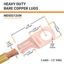 2 AWG, 1/2" Stud, Bare Copper Battery Cable Ends, Wire Lugs, Heavy Duty, MD0212UW - 2