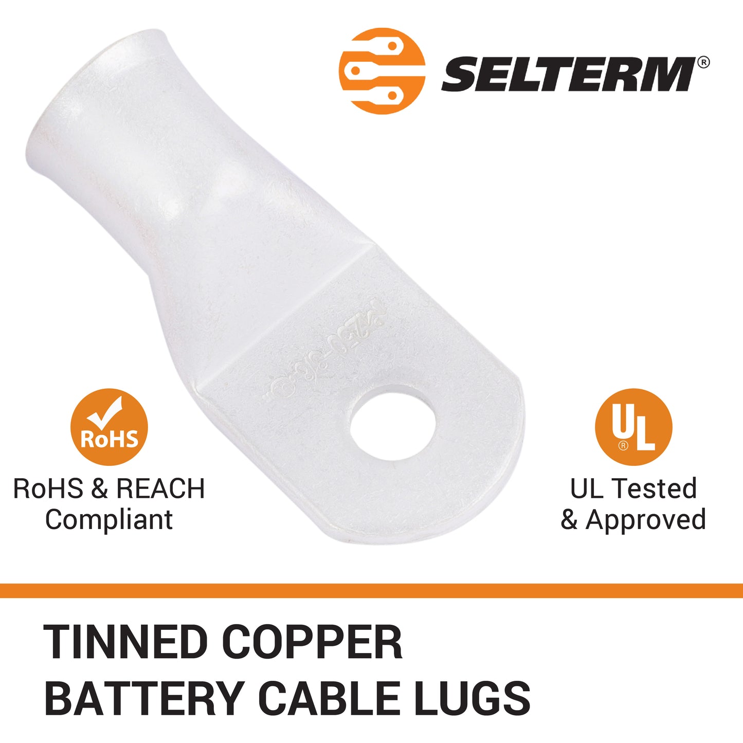 250 MCM, 3/8" Stud, Tinned Copper Battery Cable Ends, Wire Lugs, Marine Grade, MD25038P