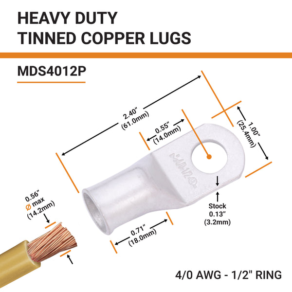 4/0 AWG, 1/2" Stud, Tinned Copper Battery Cable Ends, Wire Lugs, Marine Grade, MD4012P - 2