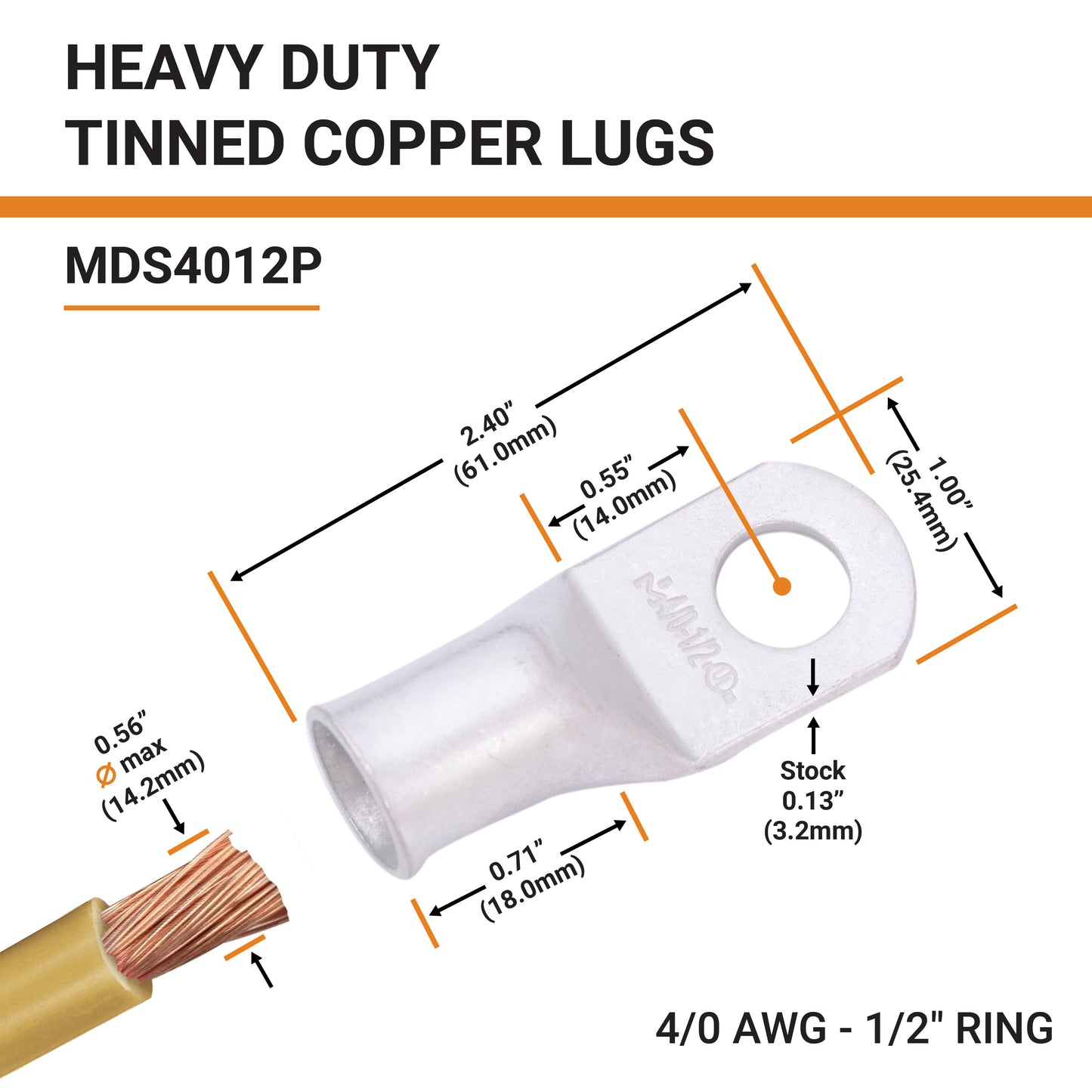 4/0 AWG (0000 Gauge) 1/2" Stud, Tinned Copper Battery Cable Ends, Wire Lugs, Marine Grade, MD4012P