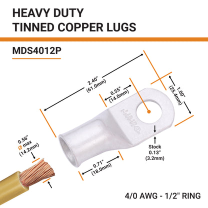4/0 AWG (0000 Gauge) 1/2" Stud, Tinned Copper Battery Cable Ends, Wire Lugs, Marine Grade, MD4012P