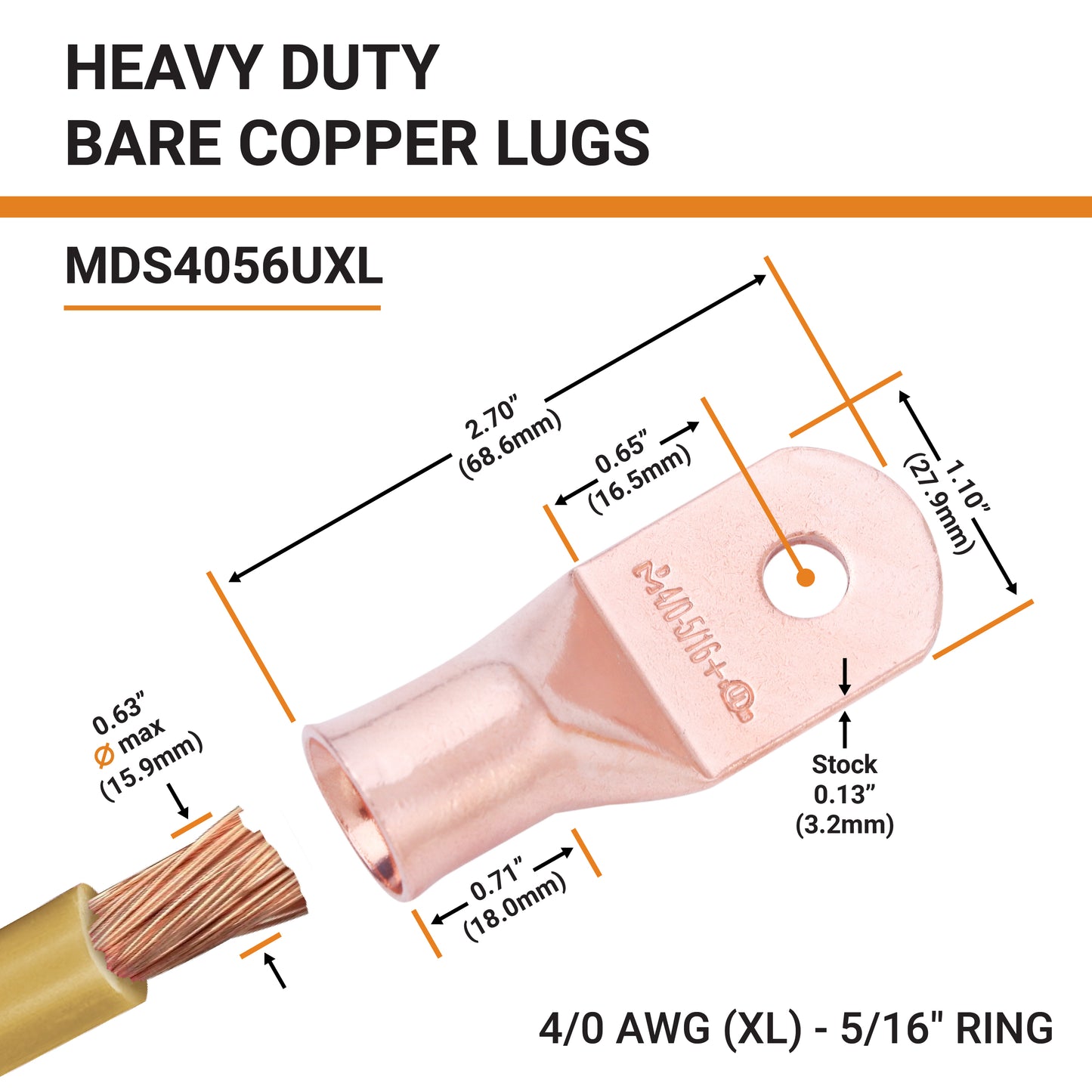 4/0 AWG (0000 Gauge) (XL), 5/16" Stud, Bare Copper Battery Cable Ends, Wire Lugs, Heavy Duty, MD4056UXL