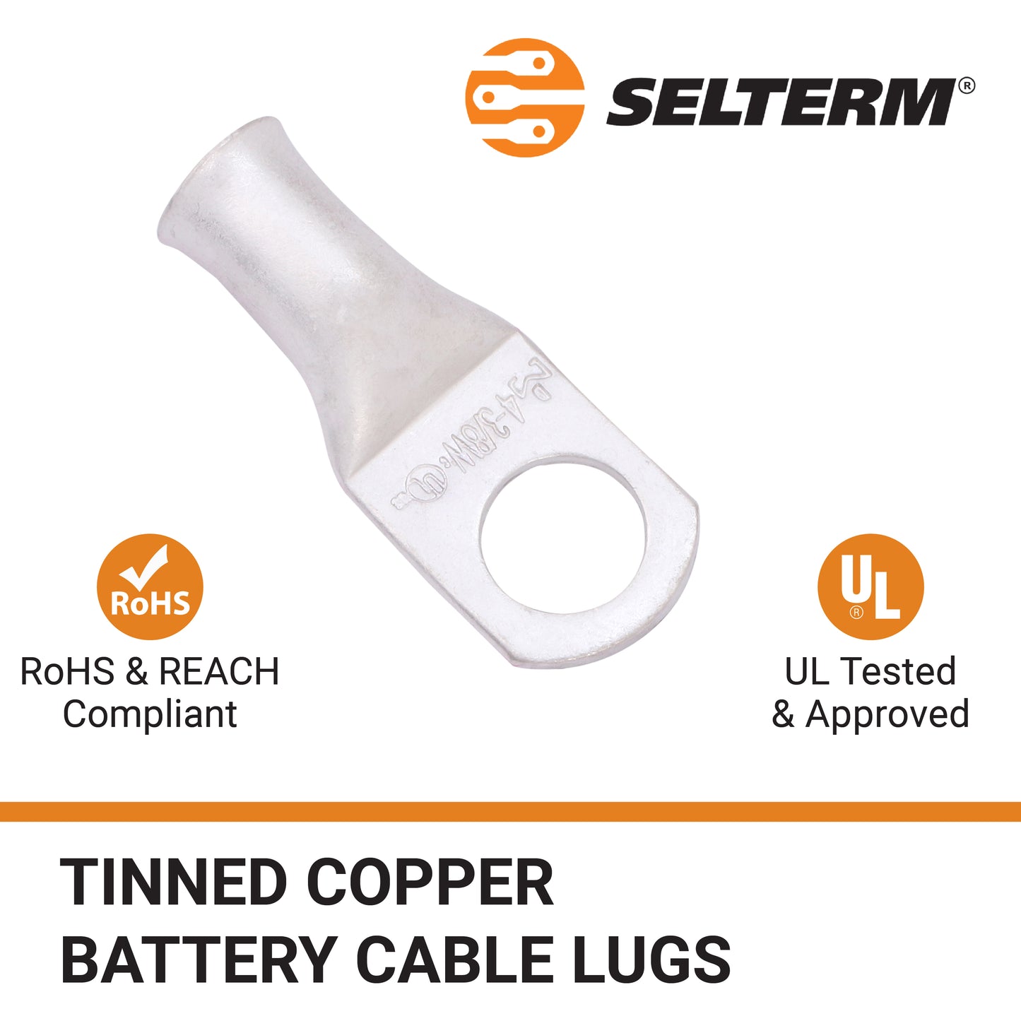 4 AWG (4 Gauge) 3/8" Stud, (Wide Pad) Tinned Copper Battery Cable Ends, Wire Lugs, Marine Grade, MD0438PW