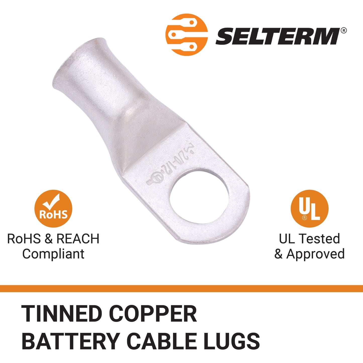 2/0 AWG (00 Gauge) 1/2" Stud, Tinned Copper Battery Cable Ends, Wire Lugs, Marine Grade, MD2012P