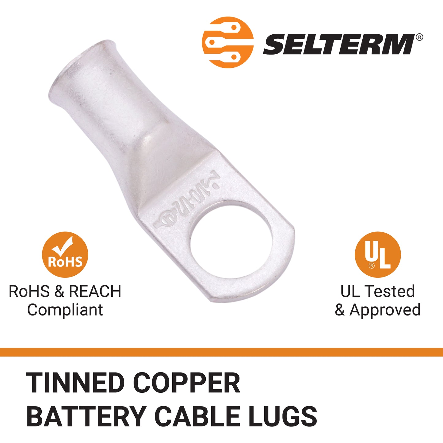 1/0 AWG (0 Gauge) 1/2" Stud, Tinned Copper Battery Cable Ends, Wire Lugs, Marine Grade, MD1012P