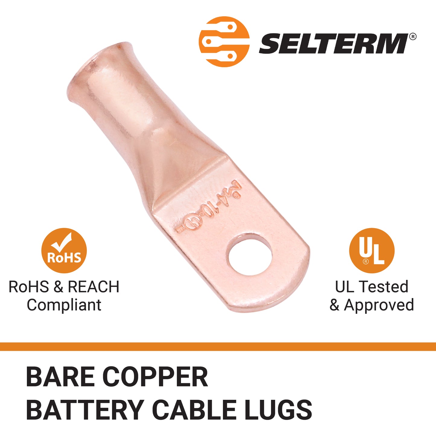 4 AWG (4 Gauge) #10 Stud, Bare Copper Battery Cable Ends, Wire Lugs, Heavy Duty, MD0410U
