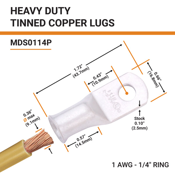 1AWG, 1/4" Stud, Tinned Copper Battery Cable Ends, Wire Lugs, Marine Grade, MD0114P - 2