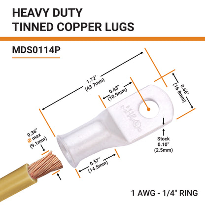 1AWG (1 Gauge) 1/4" Stud, Tinned Copper Battery Cable Ends, Wire Lugs, Marine Grade, MD0114P
