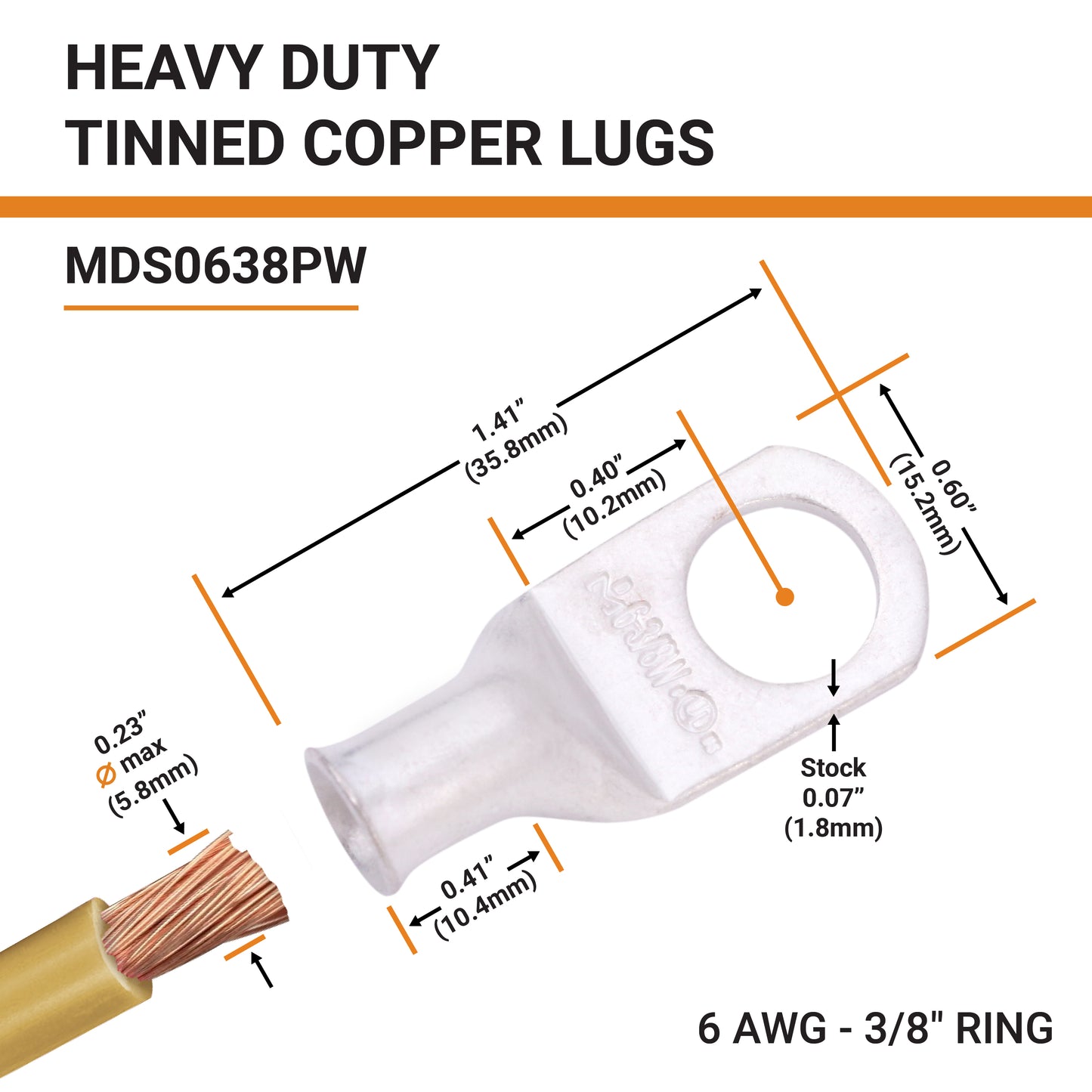 6 AWG (6 Gauge) 3/8" Stud, Tinned Copper Battery Cable Ends, Wire Lugs, Marine Grade, MD0638PW