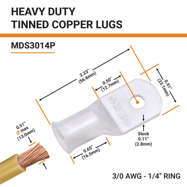 3/0 AWG, 1/4" Stud, Tinned Copper Battery Cable Ends, Wire Lugs, Marine Grade, MD3014P - 2