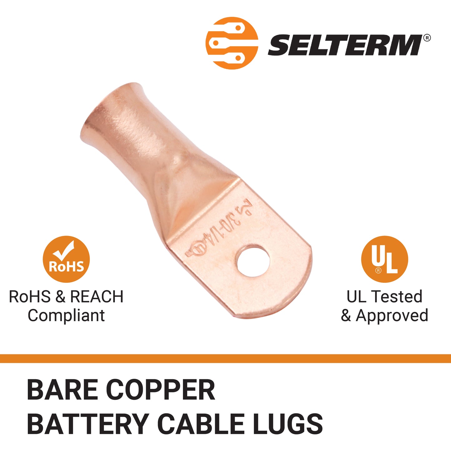 3/0 AWG (000 Gauge) 1/4" Stud, Bare Copper Battery Cable Ends, Wire Lugs, Heavy Duty, MD3014U