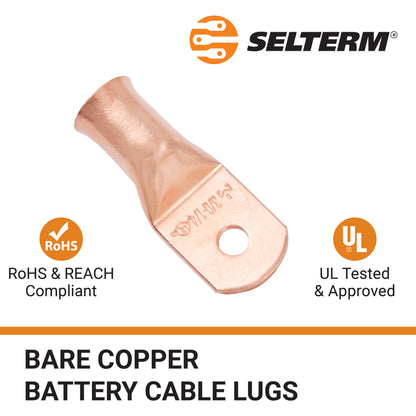 3/0 AWG (000 Gauge) 1/4" Stud, Bare Copper Battery Cable Ends, Wire Lugs, Heavy Duty, MD3014U