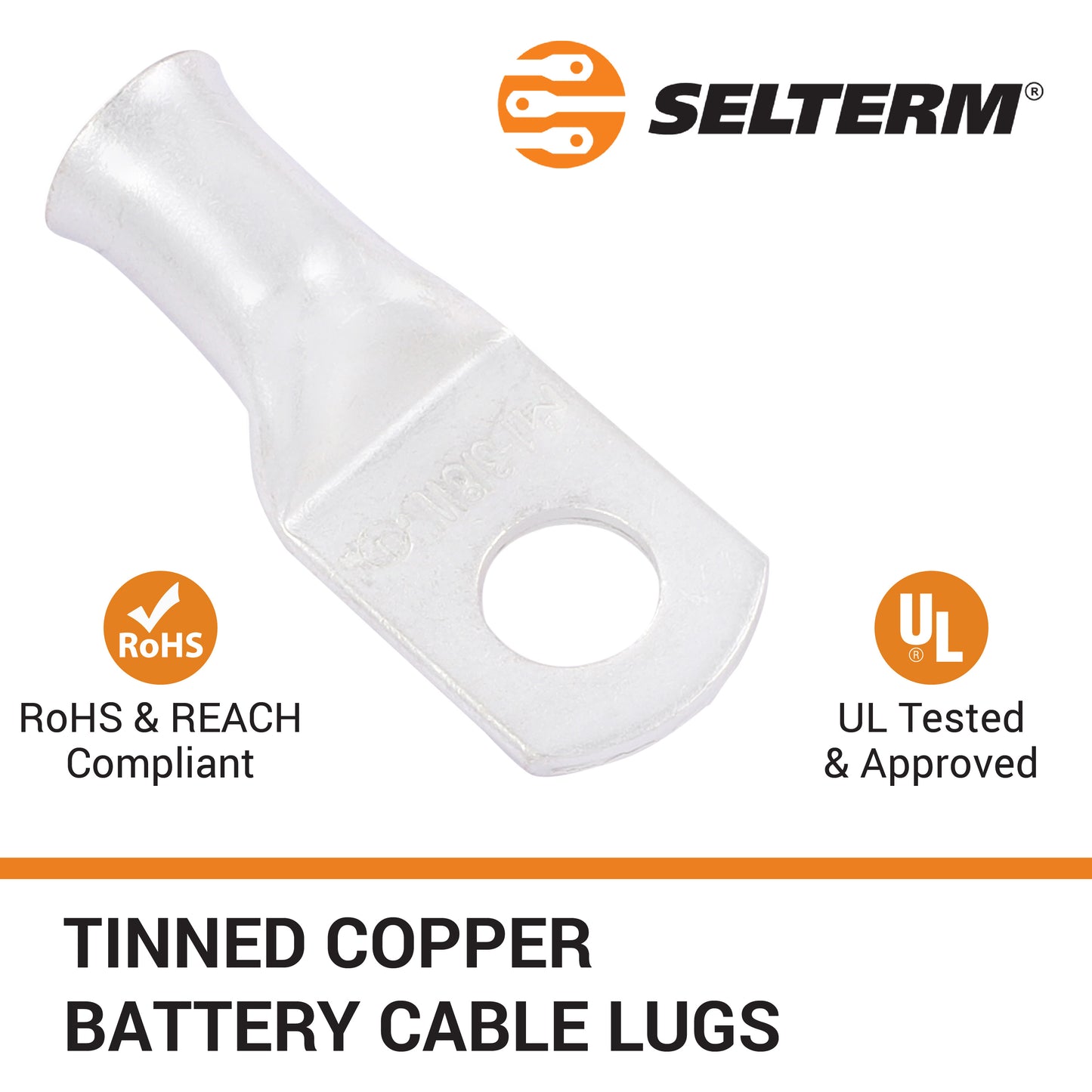 1AWG (1 Gauge) 3/8" Stud, (Wide Pad) Tinned Copper Battery Cable Ends, Wire Lugs, Marine Grade, MD0138PW