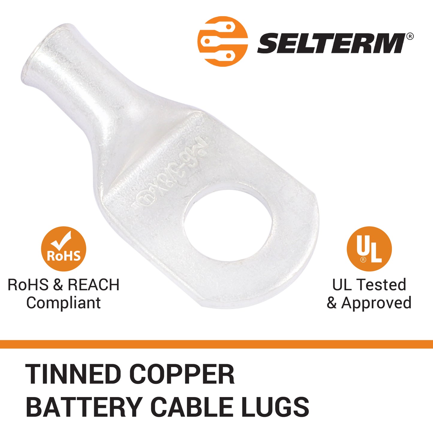 6 AWG (6 Gauge) 3/8" Stud, (Wide Pad) Tinned Copper Battery Cable Ends, Wire Lugs, Marine Grade, MD0638PX