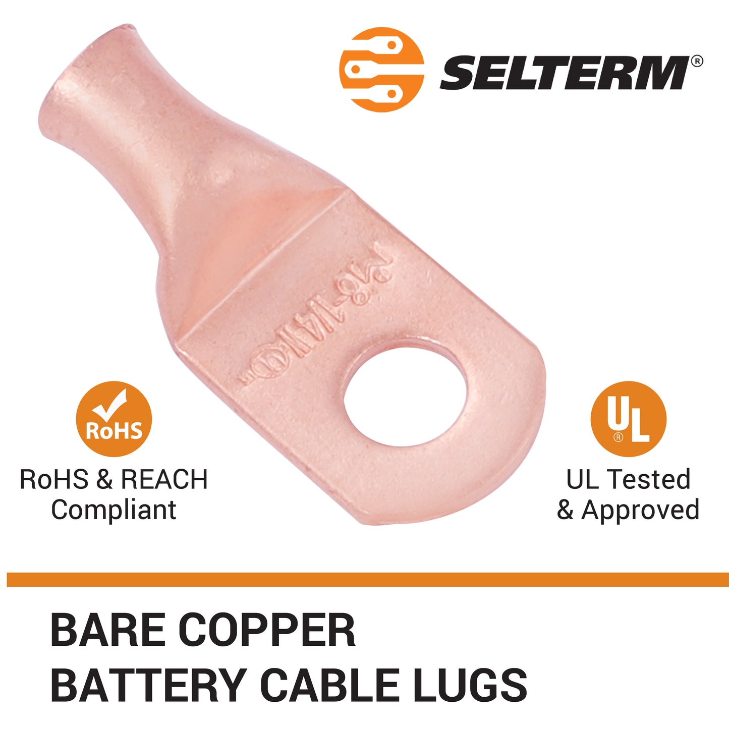 8 AWG (8 Gauge) 1/4" Stud, (Wide Pad) Bare Copper Battery Cable Ends, Wire Lugs, Heavy Duty, MD0814UW