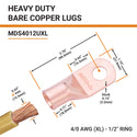 4/0 AWG (XL), 1/2" Stud, Bare Copper Battery Cable Ends, Wire Lugs, Heavy Duty, MD4012UXL - 2