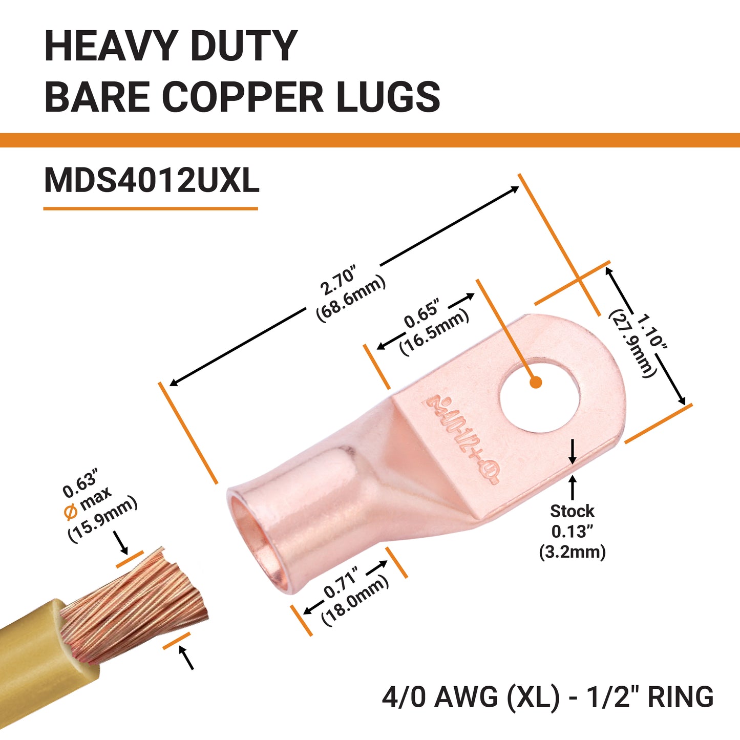 4/0 AWG (0000 Gauge) (XL), 1/2" Stud, Bare Copper Battery Cable Ends, Wire Lugs, Heavy Duty, MD4012UXL