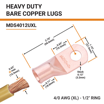 4/0 AWG (0000 Gauge) (XL), 1/2" Stud, Bare Copper Battery Cable Ends, Wire Lugs, Heavy Duty, MD4012UXL