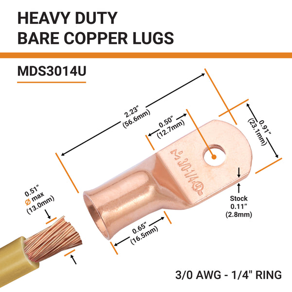 3/0 AWG, 1/4" Stud, Bare Copper Battery Cable Ends, Wire Lugs, Heavy Duty, MD3014U - 2