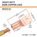 3/0 AWG, 1/4" Stud, Bare Copper Battery Cable Ends, Wire Lugs, Heavy Duty, MD3014U - 2