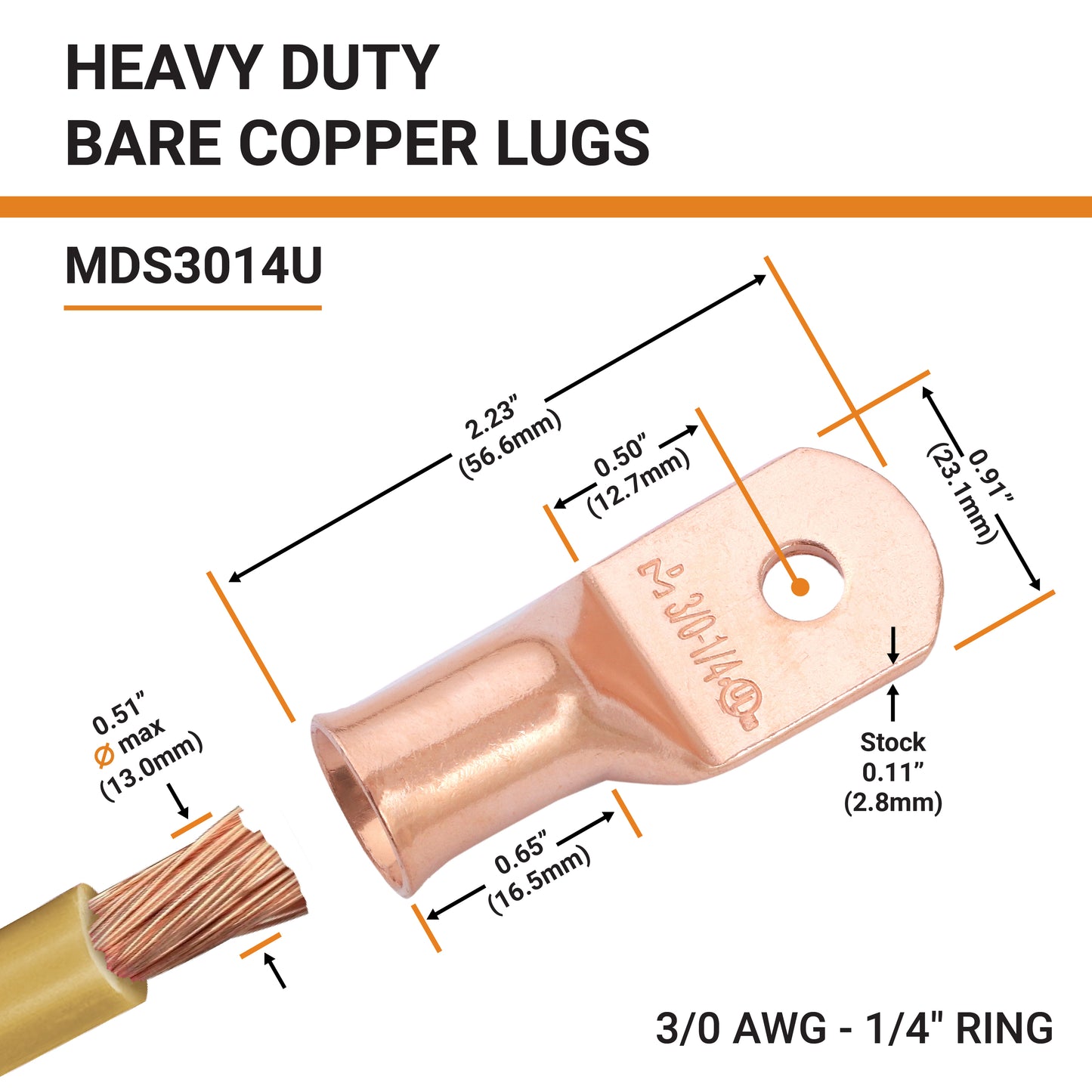 3/0 AWG (000 Gauge) 1/4" Stud, Bare Copper Battery Cable Ends, Wire Lugs, Heavy Duty, MD3014U