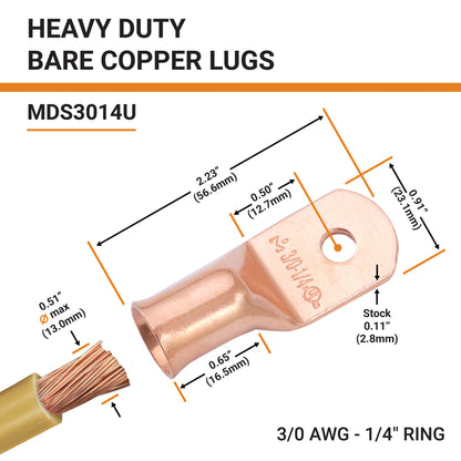 3/0 AWG (000 Gauge) 1/4" Stud, Bare Copper Battery Cable Ends, Wire Lugs, Heavy Duty, MD3014U
