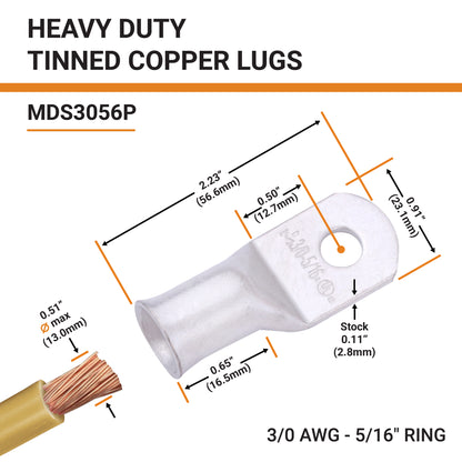 3/0 AWG (000 Gauge) 5/16" Stud, Tinned Copper Battery Cable Ends, Wire Lugs, Marine Grade, MD3056P