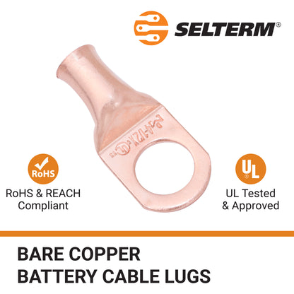 4 AWG (4 Gauge) 1/2" Stud, Bare Copper Battery Cable Ends, Wire Lugs, Heavy Duty, MD0412UX