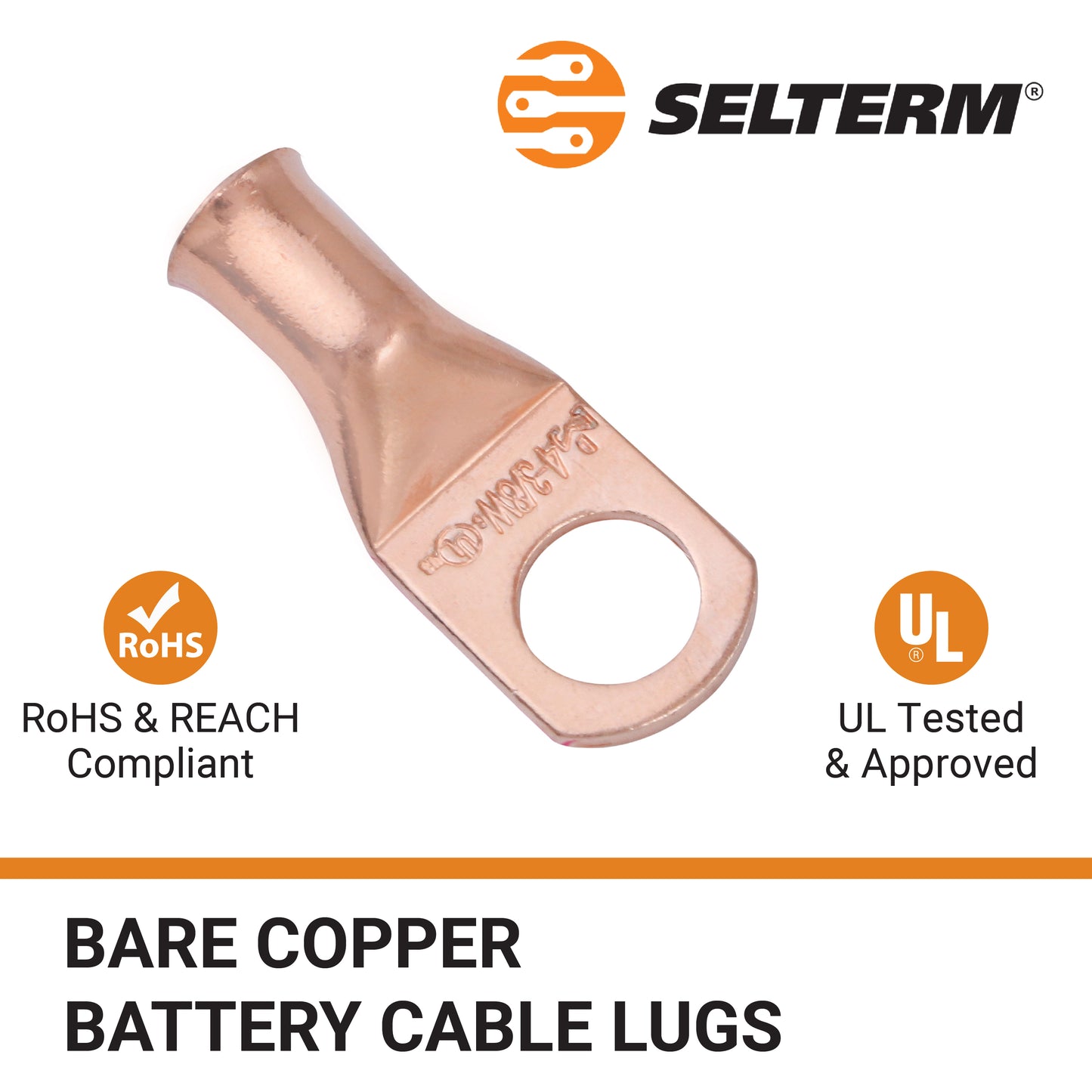 4 AWG (4 Gauge) 3/8" Stud, (Wide Pad) Bare Copper Battery Cable Ends, Wire Lugs, Heavy Duty, MD0438UW