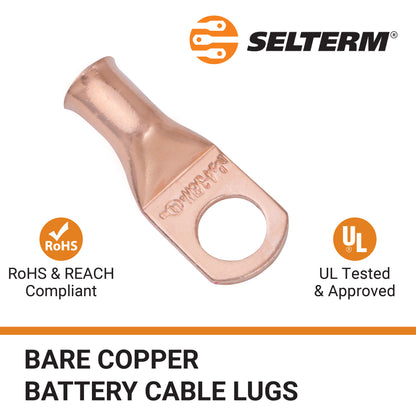 4 AWG (4 Gauge) 3/8" Stud, (Wide Pad) Bare Copper Battery Cable Ends, Wire Lugs, Heavy Duty, MD0438UW