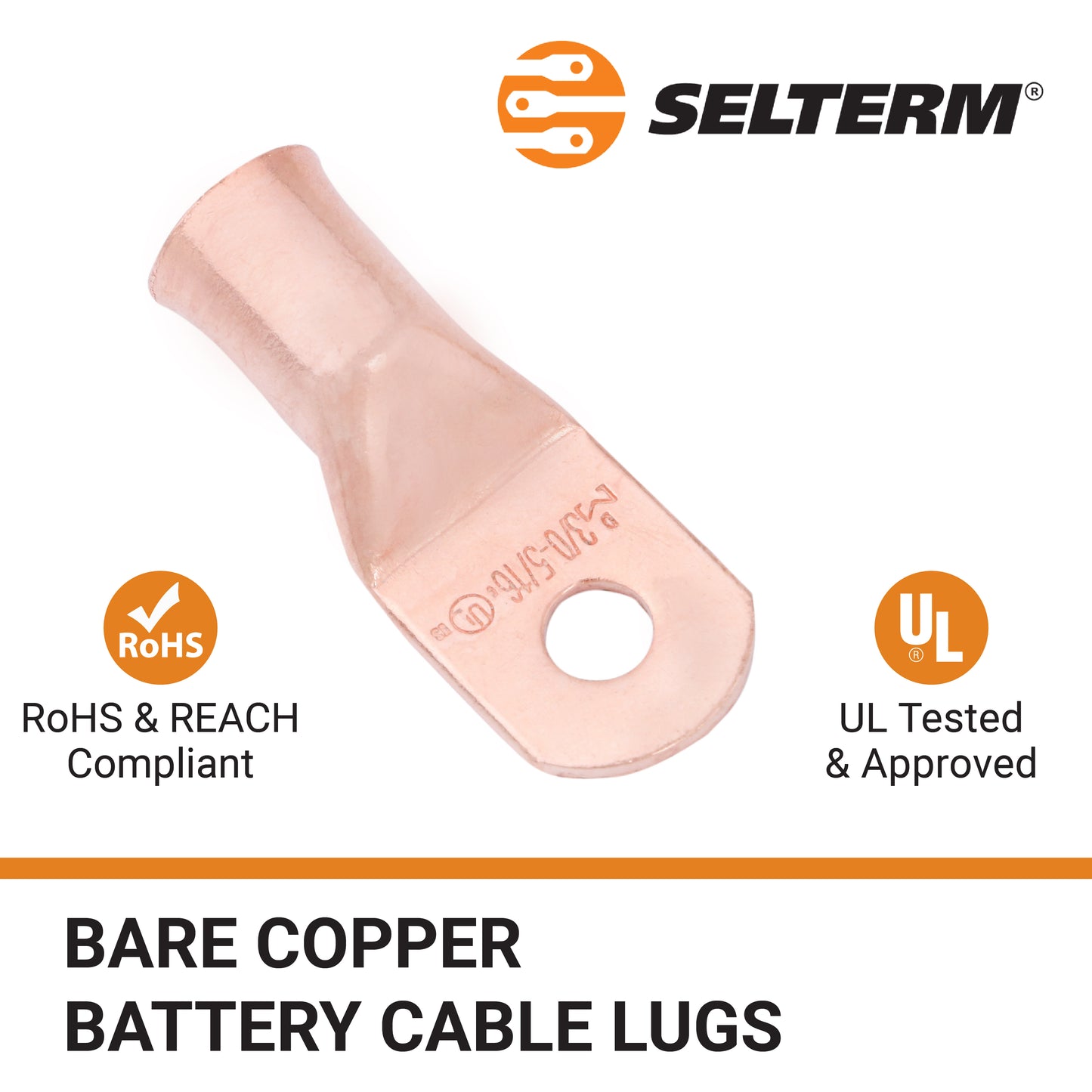 3/0 AWG (000 Gauge) 5/16" Stud, Bare Copper Battery Cable Ends, Wire Lugs, Heavy Duty, MD3056U