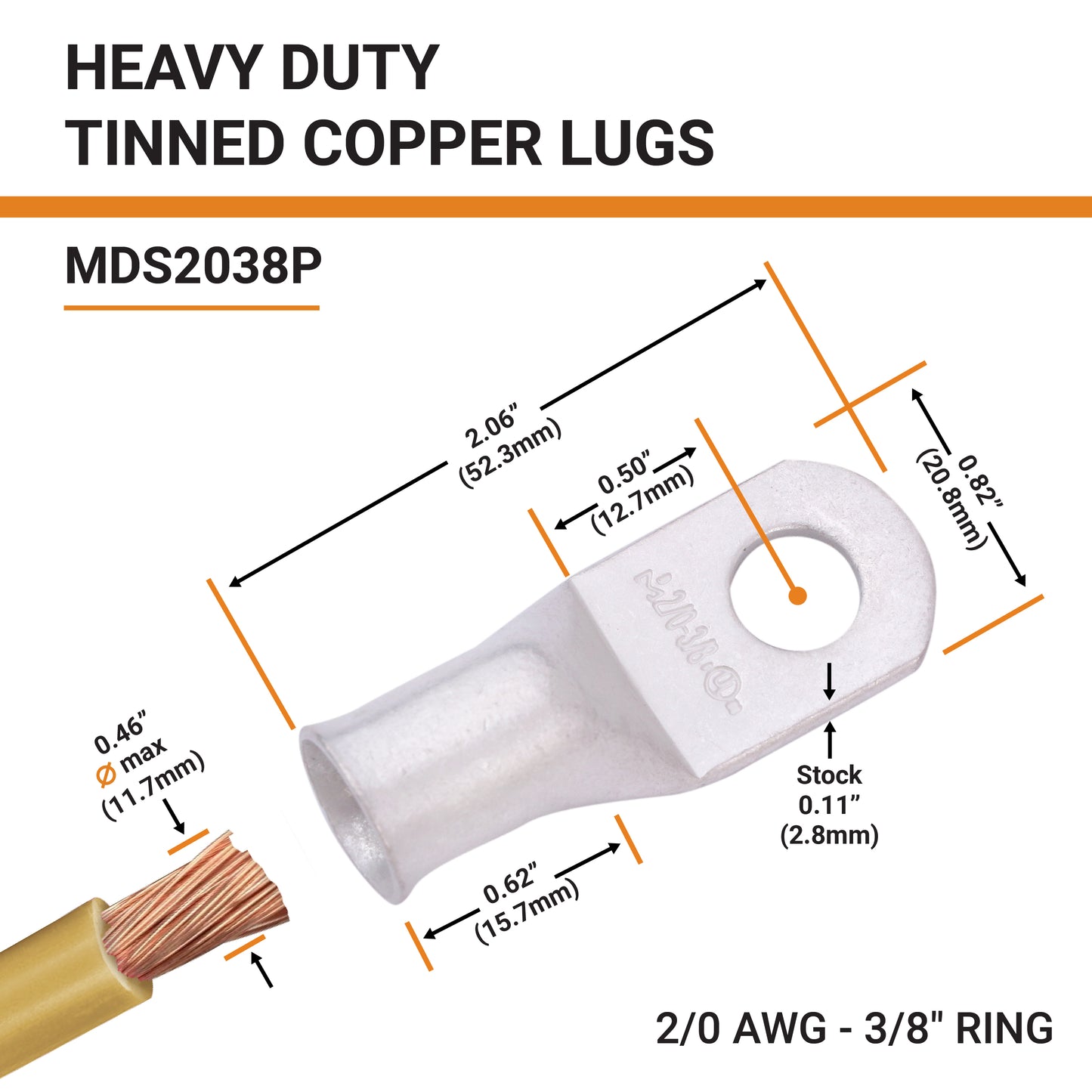 2/0 AWG (00 Gauge) 3/8" Stud, Tinned Copper Battery Cable Ends, Wire Lugs, Marine Grade, MD2038P