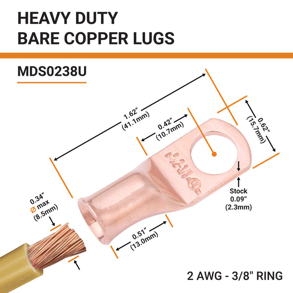 2 AWG, 3/8" Stud, Bare Copper Battery Cable Ends, Wire Lugs, Heavy Duty, MD0238U - 2