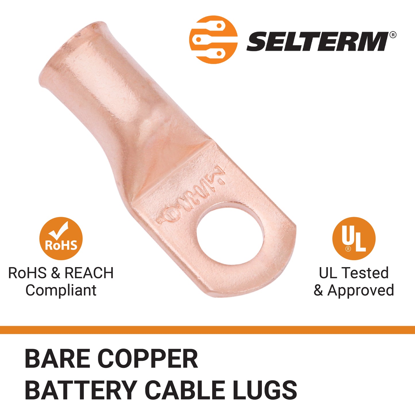 1/0 AWG (0 Gauge) 3/8" Stud, Bare Copper Battery Cable Ends, Wire Lugs, Heavy Duty, MD1038U