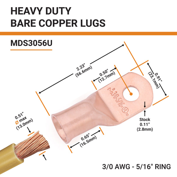 3/0 AWG, 5/16" Stud, Bare Copper Battery Cable Ends, Wire Lugs, Heavy Duty, MD3056U - 2