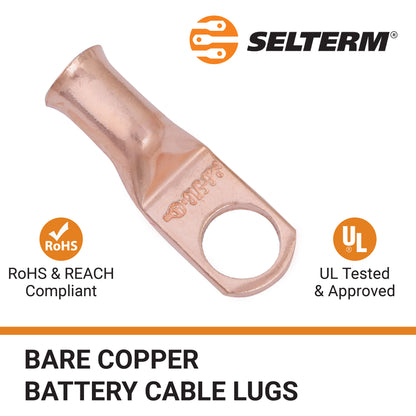 6 AWG (6 Gauge) 5/16" Stud, Bare Copper Battery Cable Ends, Wire Lugs, Heavy Duty, MD0656U