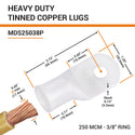 250 MCM, 3/8" Stud, Tinned Copper Battery Cable Ends, Wire Lugs, Marine Grade, MD25038P - 2