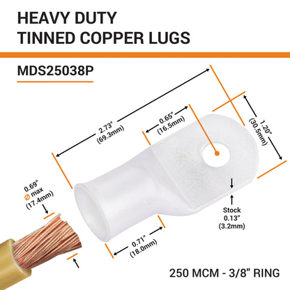 250 MCM, 3/8" Stud, Tinned Copper Battery Cable Ends, Wire Lugs, Marine Grade, MD25038P