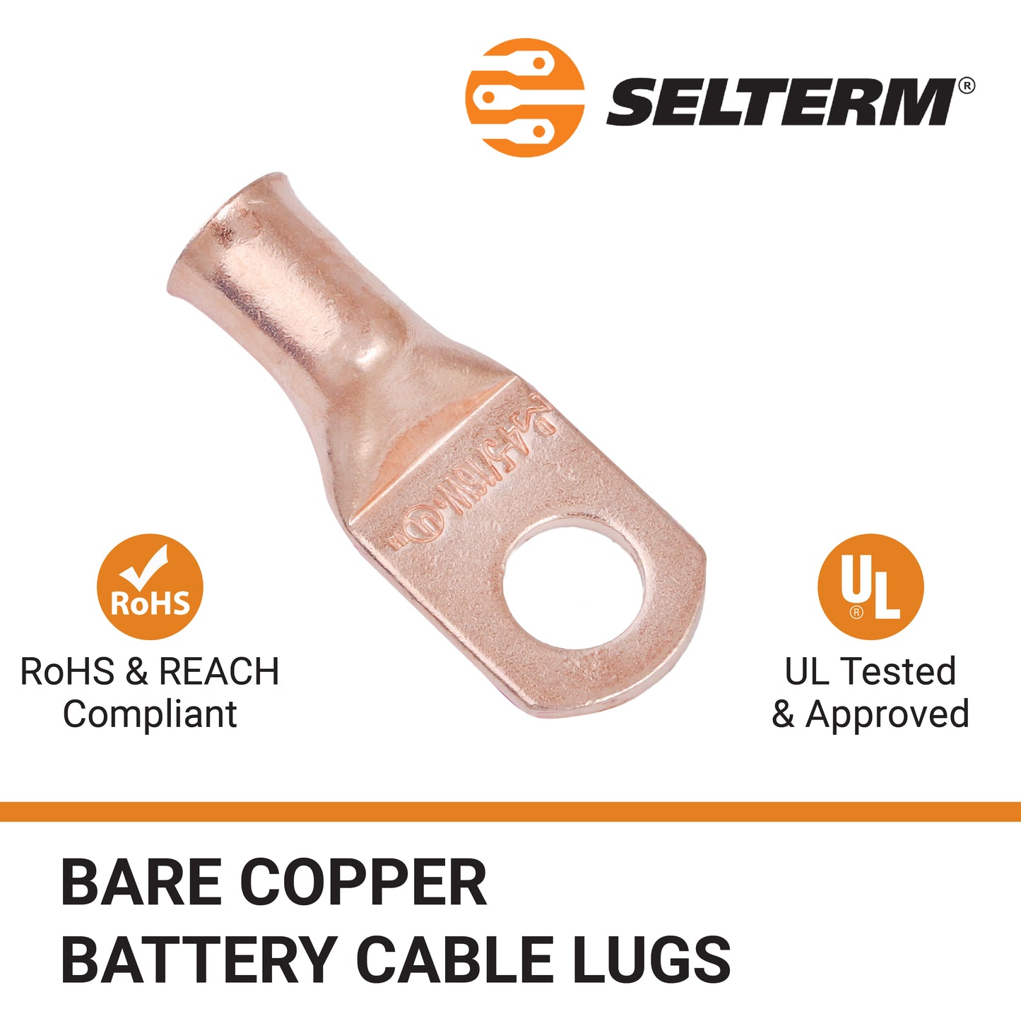 4 AWG (4 Gauge) 5/16" Stud, (Wide Pad) Bare Copper Battery Cable Ends, Wire Lugs, Heavy Duty, MD0456UW
