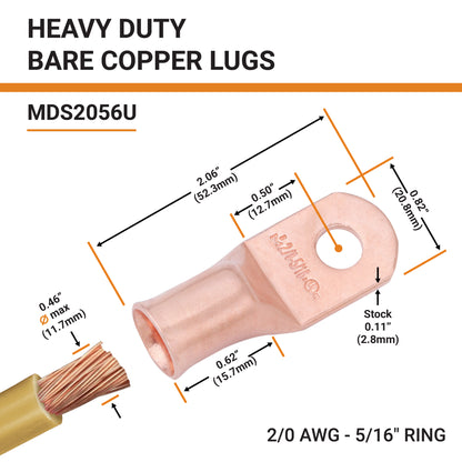 2/0 AWG (00 Gauge) 5/16" Stud, Bare Copper Battery Cable Ends, Wire Lugs, Heavy Duty, MD2056U