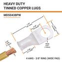 4 AWG, 3/8" Stud, (Wide Pad) Tinned Copper Battery Cable Ends, Wire Lugs, Marine Grade, MD0438PW - 2